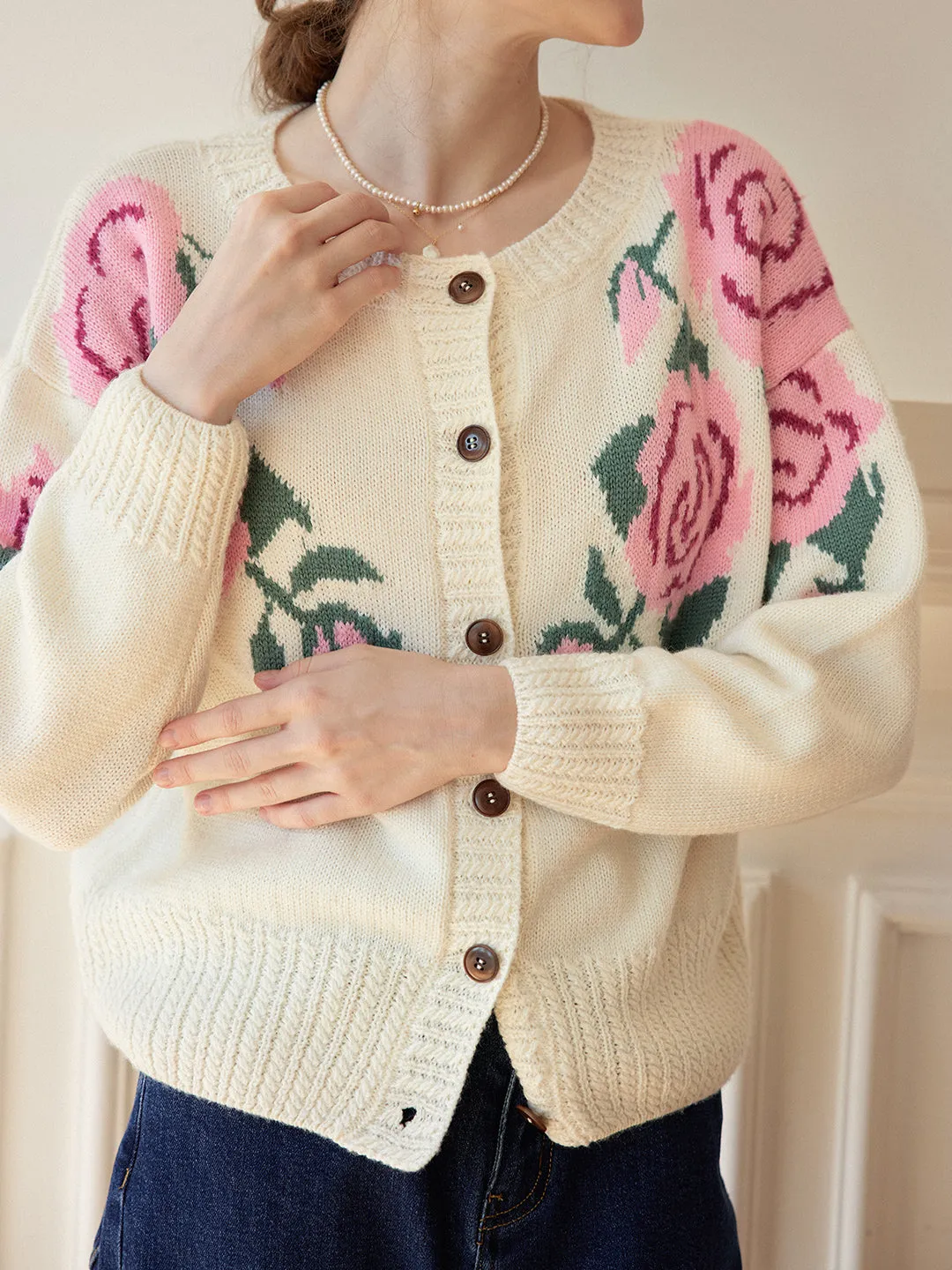 Noemi Rose Jacquard White Knit Cardigan