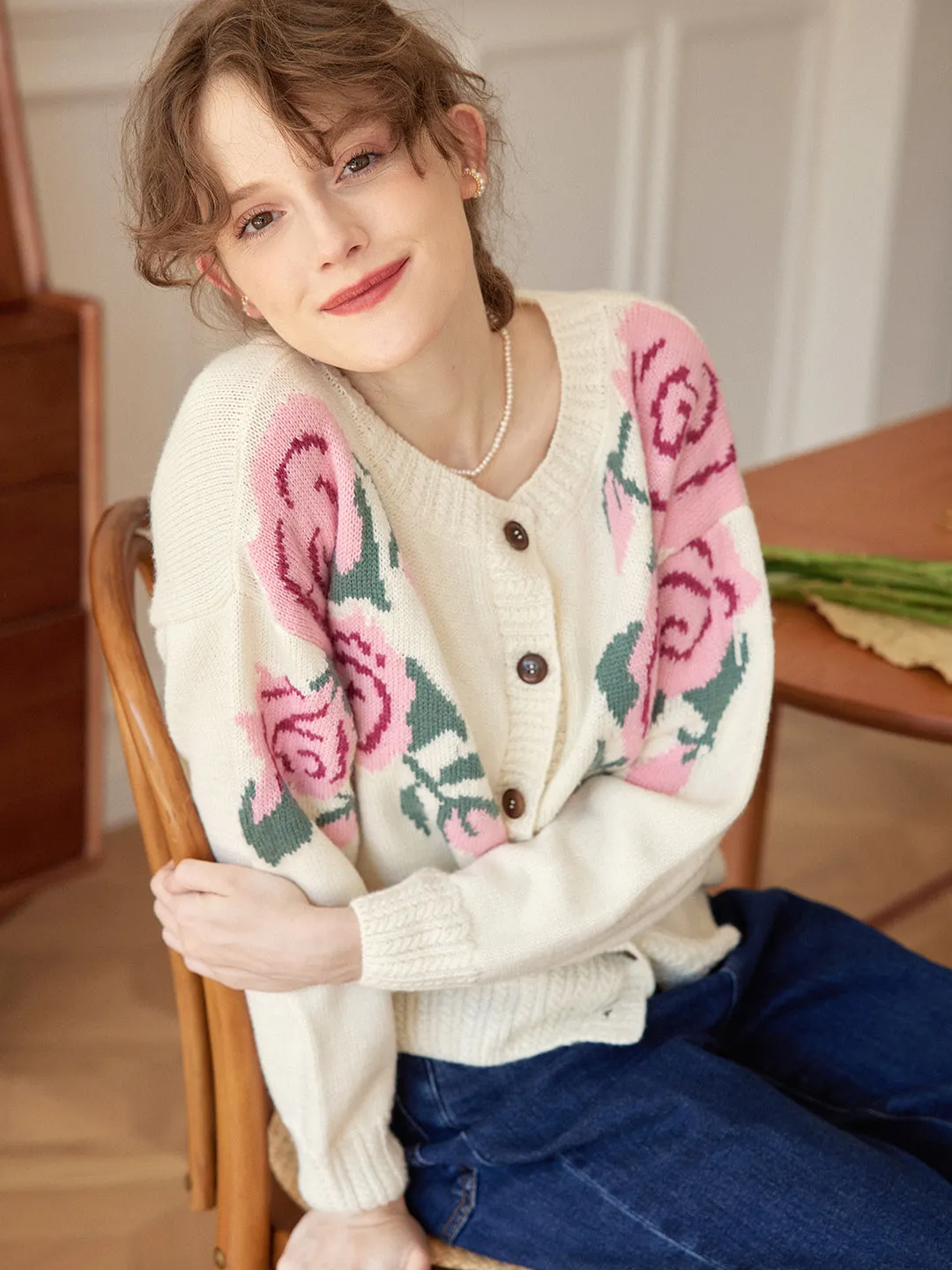 Noemi Rose Jacquard White Knit Cardigan