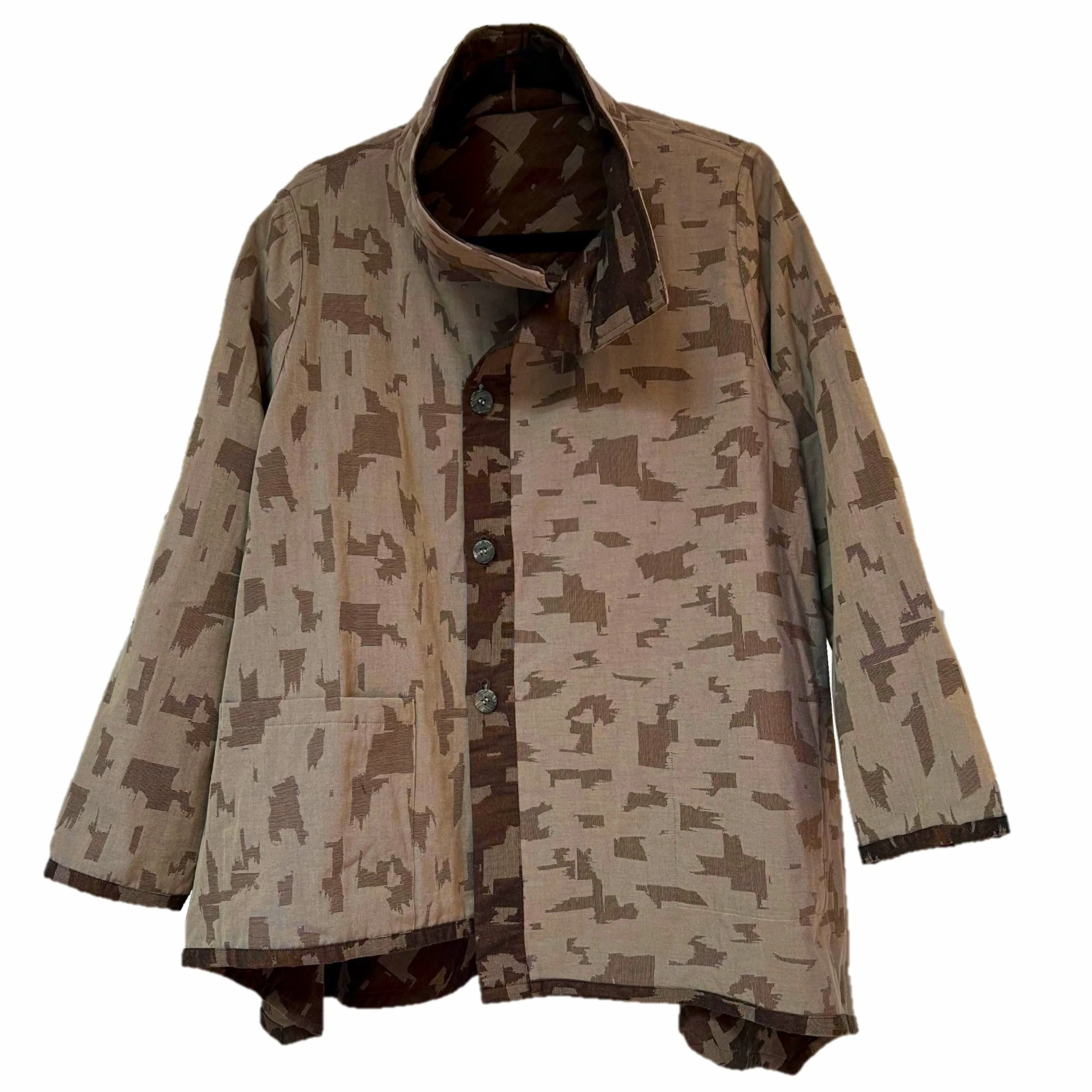 NUNO Reversible Asymmetrical Jacket: "Woodchips" (Mahogany Brown/Oak Taupe)