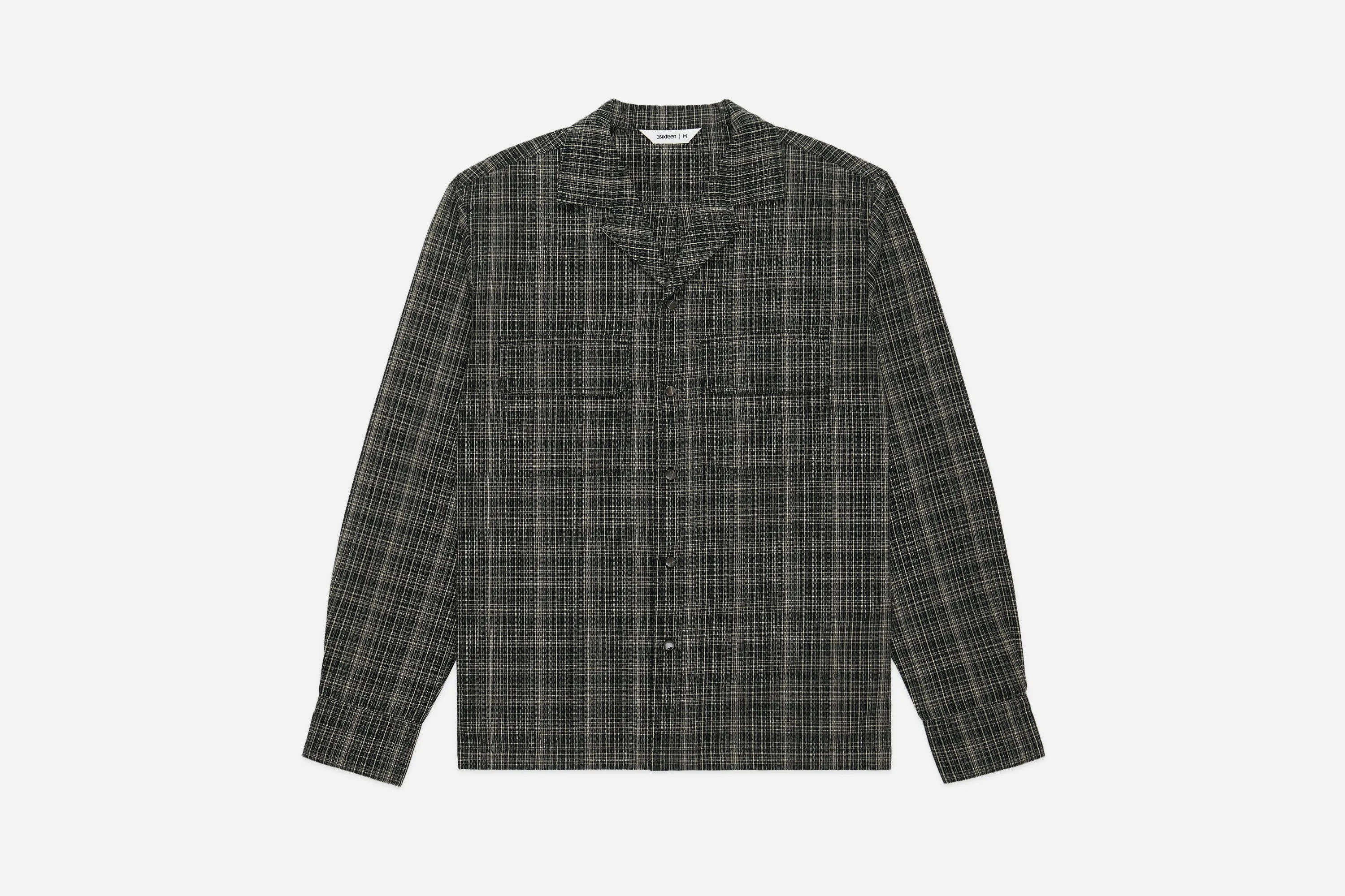 Open Collar Shirt ~ Black Micro Plaid