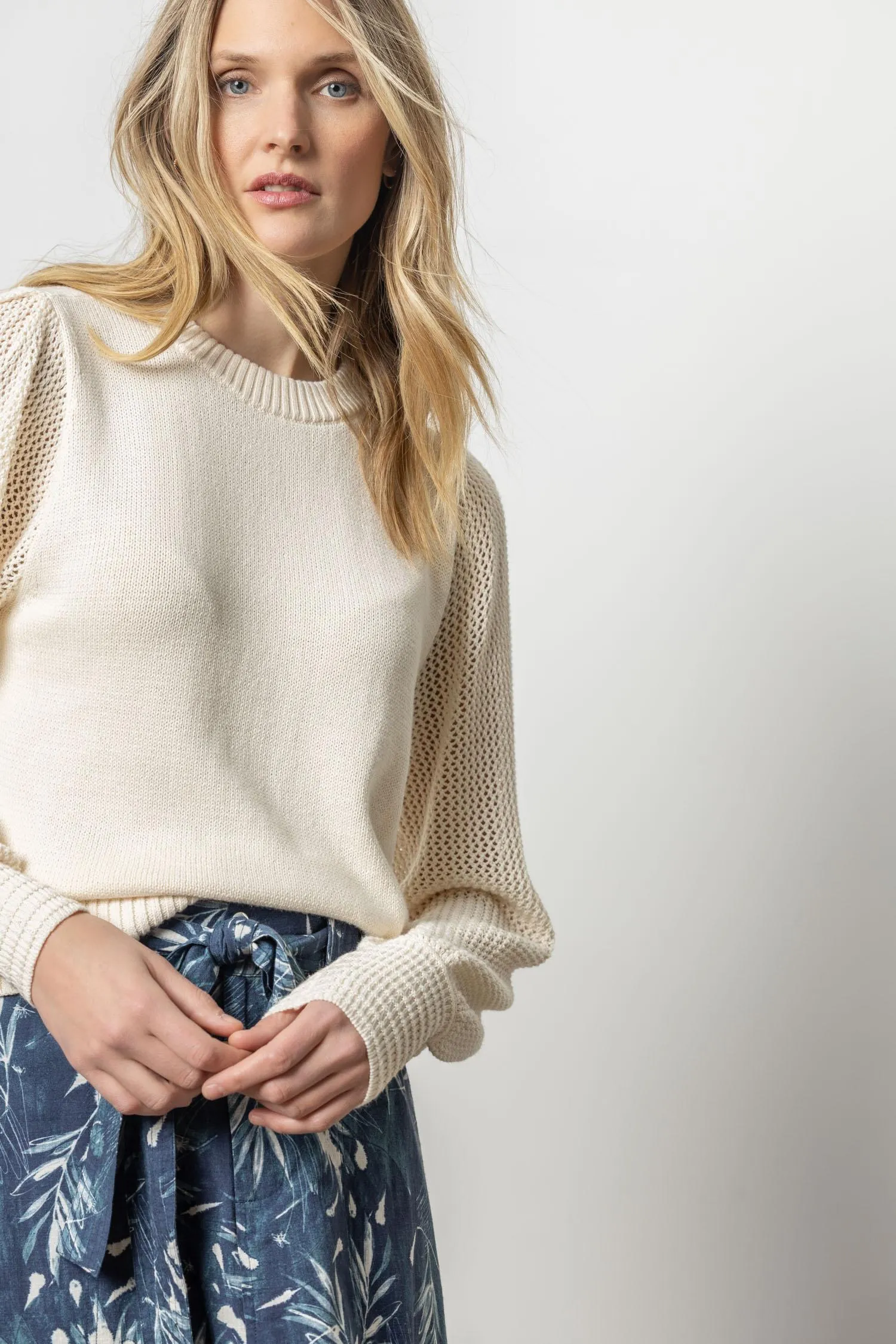 Pointelle Sleeve Crewneck Sweater | Cream