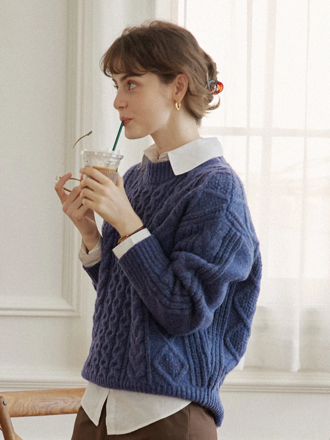 Raina Cable Blue Irish Knit Wool Sweater