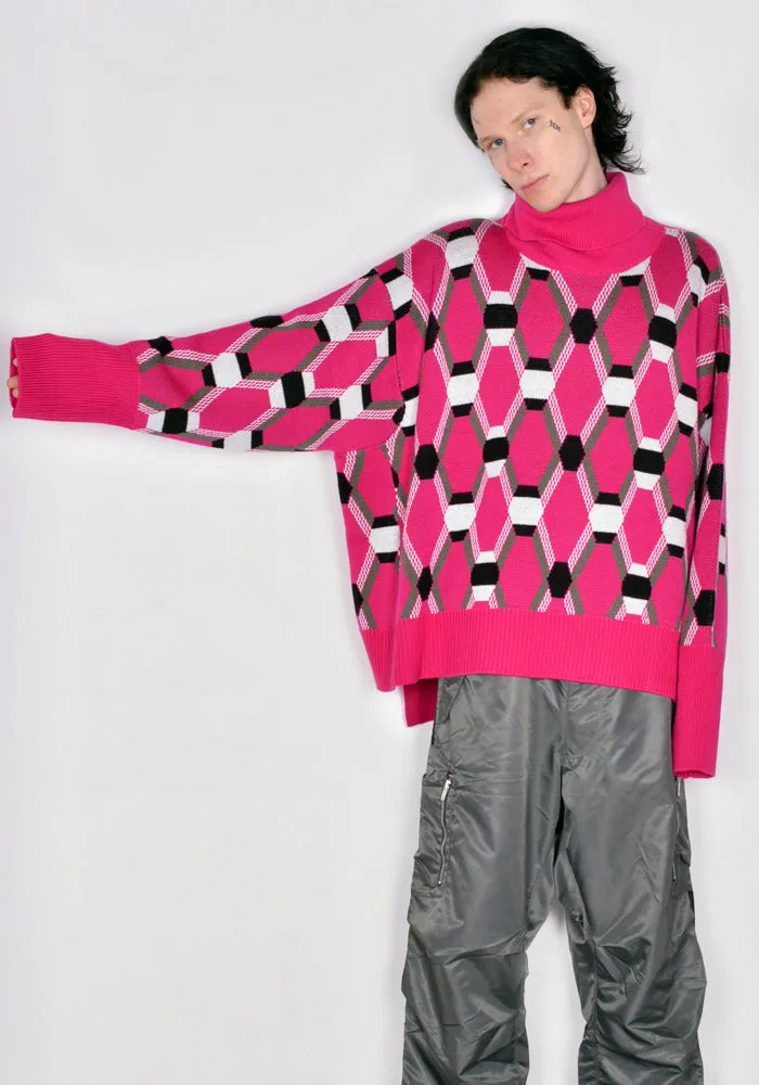 RANDOM IDENTITIES KN-25 ROLL NECK JACQUARD KNIT SWEATER PINK