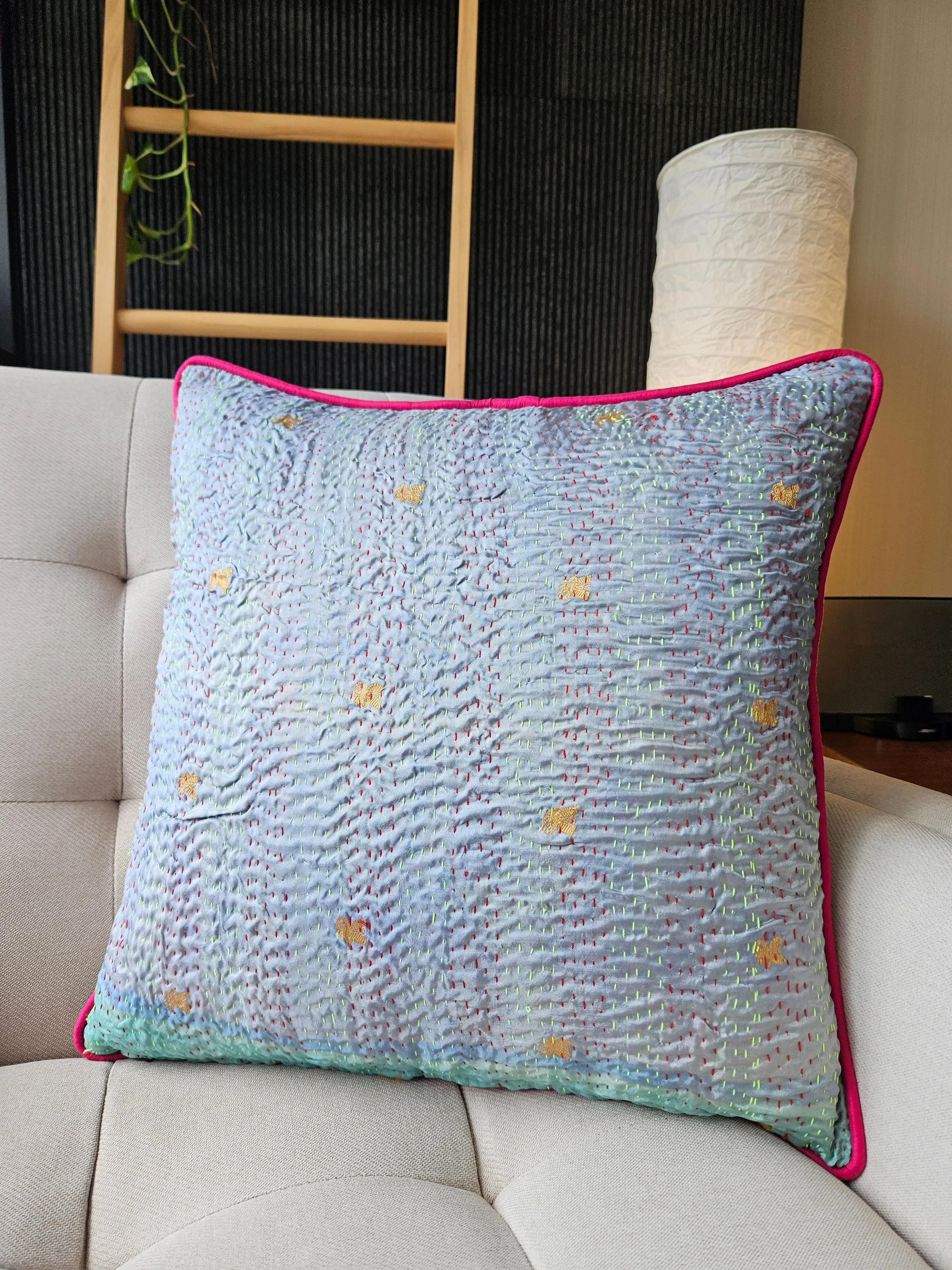Set of 2, Turquoise Vintage Sari Kantha Patchwork Cushion Cover, 45 x 45 cm