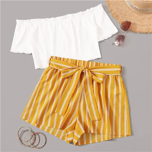 SHEIN Off Shoulder Rib-Knit Crop Top and Self Belted Striped Shorts Set 2 Piece Set Women Summer Boho Wide Leg Two Piece Set