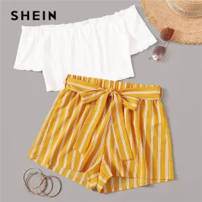 SHEIN Off Shoulder Rib-Knit Crop Top and Self Belted Striped Shorts Set 2 Piece Set Women Summer Boho Wide Leg Two Piece Set