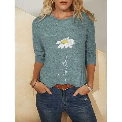 Simple Flower Print Long Sleeves T-shirt