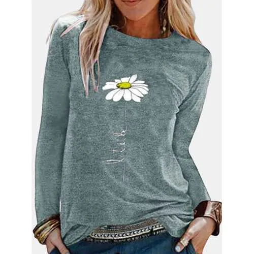 Simple Flower Print Long Sleeves T-shirt