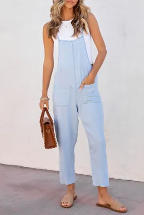 Sky Blue Chambray Pocketed Adjustable Straps Jumpsuit