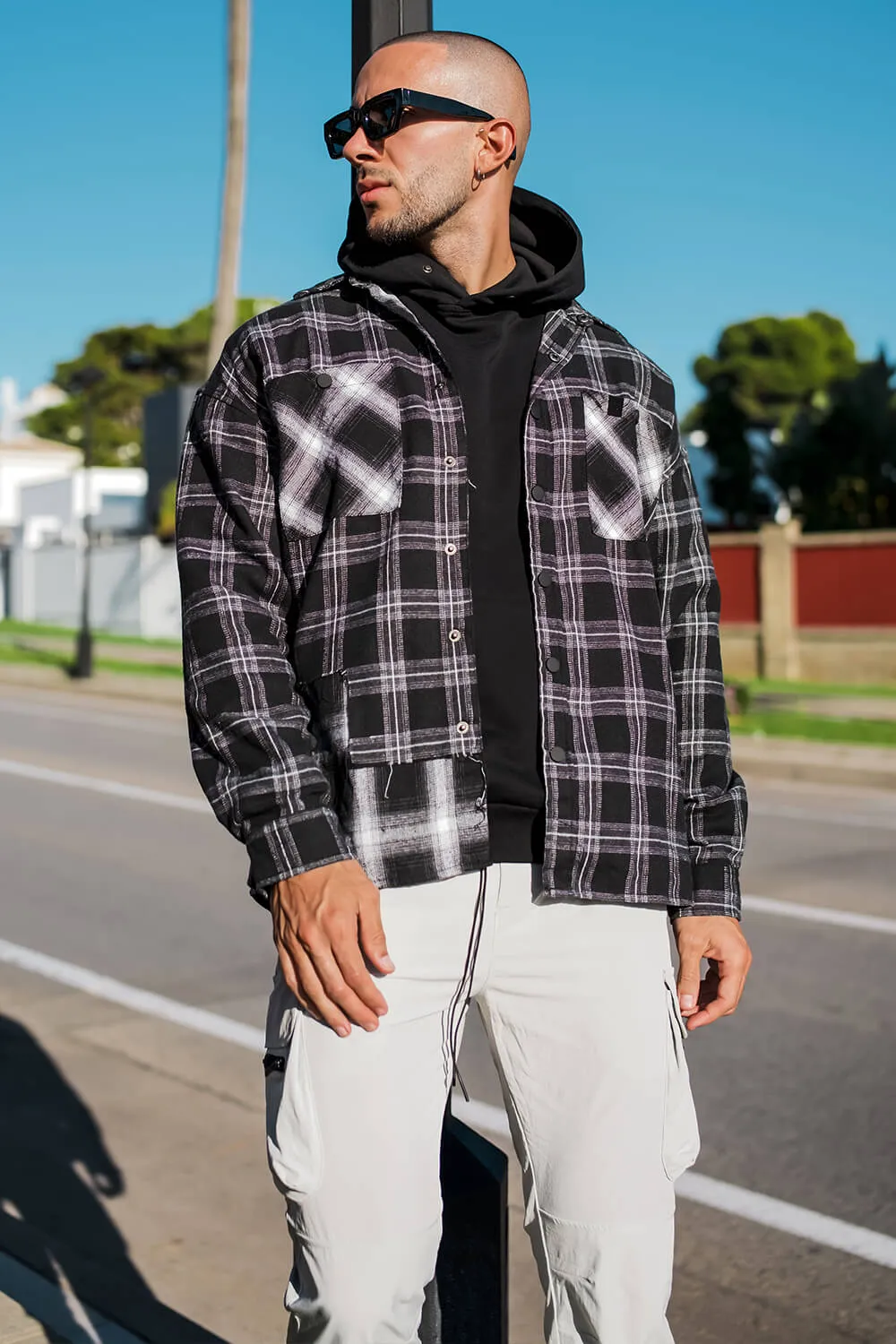 Split Check Flannel Shirt - Black/White