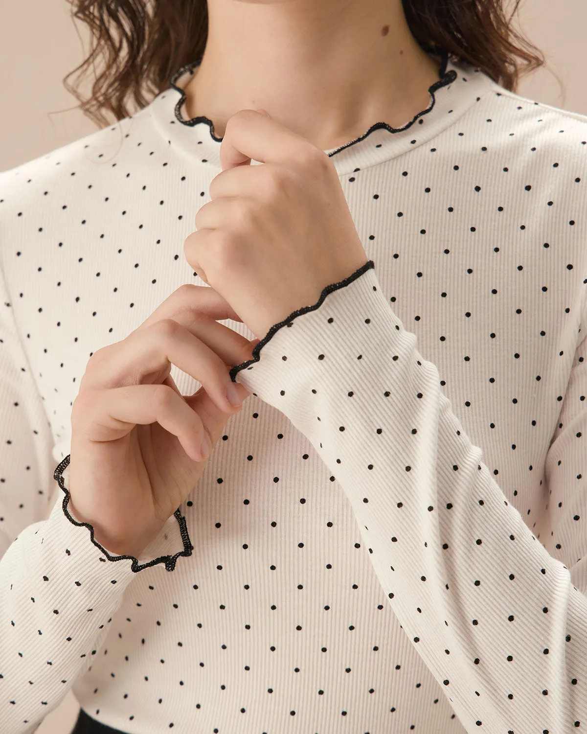 Women's White Mock Neck Polka Dot Tee